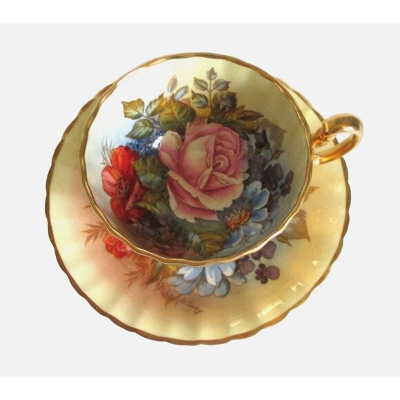 Vintage Aynsley Cabbage Rose Teacup Tea Cup Cup Saucer Bone China Artist Signed - Picture 2 of 10
